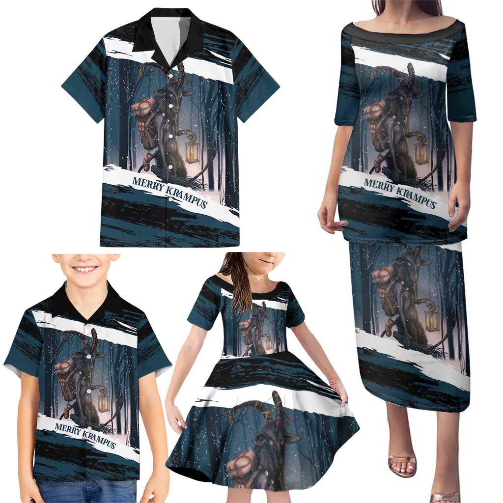 Merry Christmas Family Matching Puletasi and Hawaiian Shirt Krampus in The Woods - Dark Teal - Wonder Print Shop