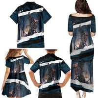Merry Christmas Family Matching Puletasi and Hawaiian Shirt Krampus in The Woods - Dark Teal - Wonder Print Shop