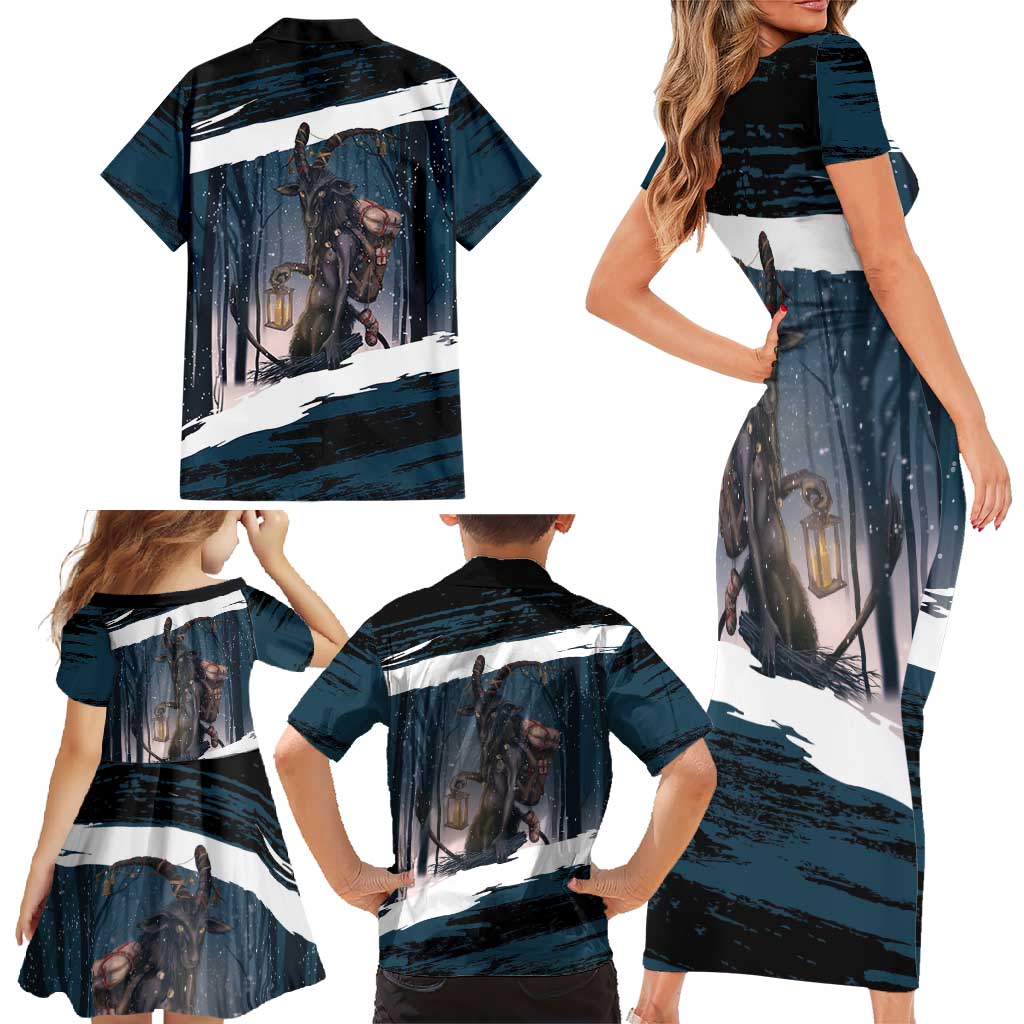 Merry Christmas Family Matching Short Sleeve Bodycon Dress and Hawaiian Shirt Krampus in The Woods - Dark Teal - Wonder Print Shop