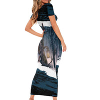 Merry Christmas Family Matching Short Sleeve Bodycon Dress and Hawaiian Shirt Krampus in The Woods - Dark Teal - Wonder Print Shop