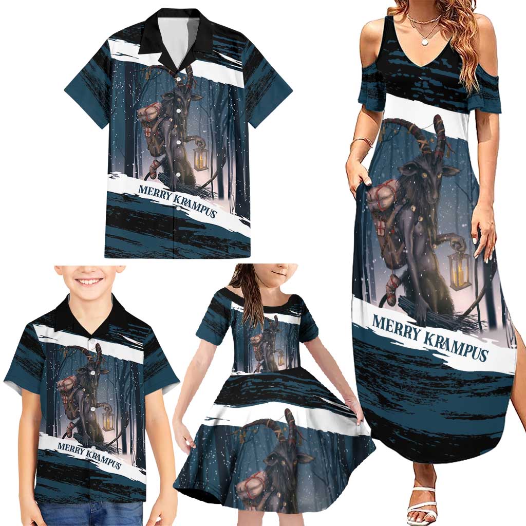 Merry Christmas Family Matching Summer Maxi Dress and Hawaiian Shirt Krampus in The Woods - Dark Teal - Wonder Print Shop