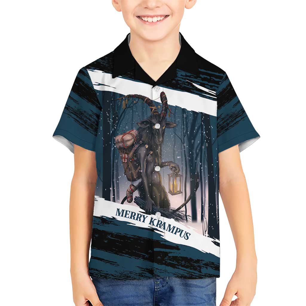 Merry Christmas Kid Hawaiian Shirt Krampus in The Woods - Dark Teal - Wonder Print Shop
