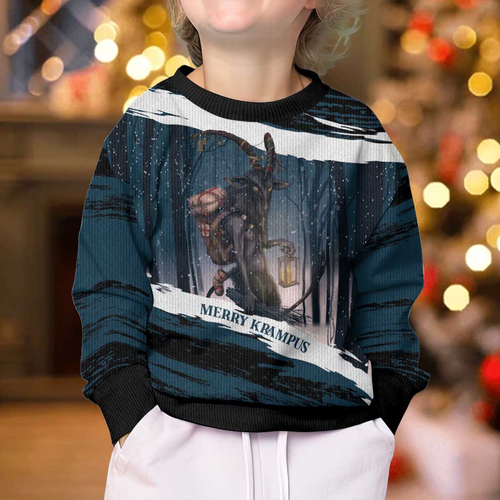 Merry Christmas Kid Ugly Christmas Sweater Krampus in The Woods - Dark Teal - Wonder Print Shop
