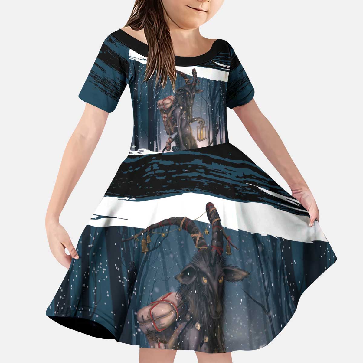 Merry Christmas Kid Short Sleeve Dress Krampus in The Woods - Dark Teal - Wonder Print Shop