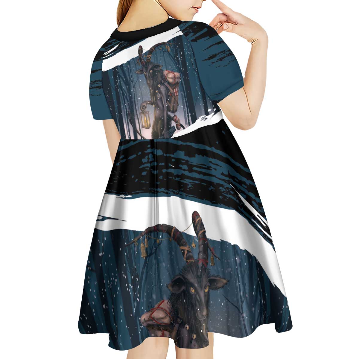 Merry Christmas Kid Short Sleeve Dress Krampus in The Woods - Dark Teal - Wonder Print Shop