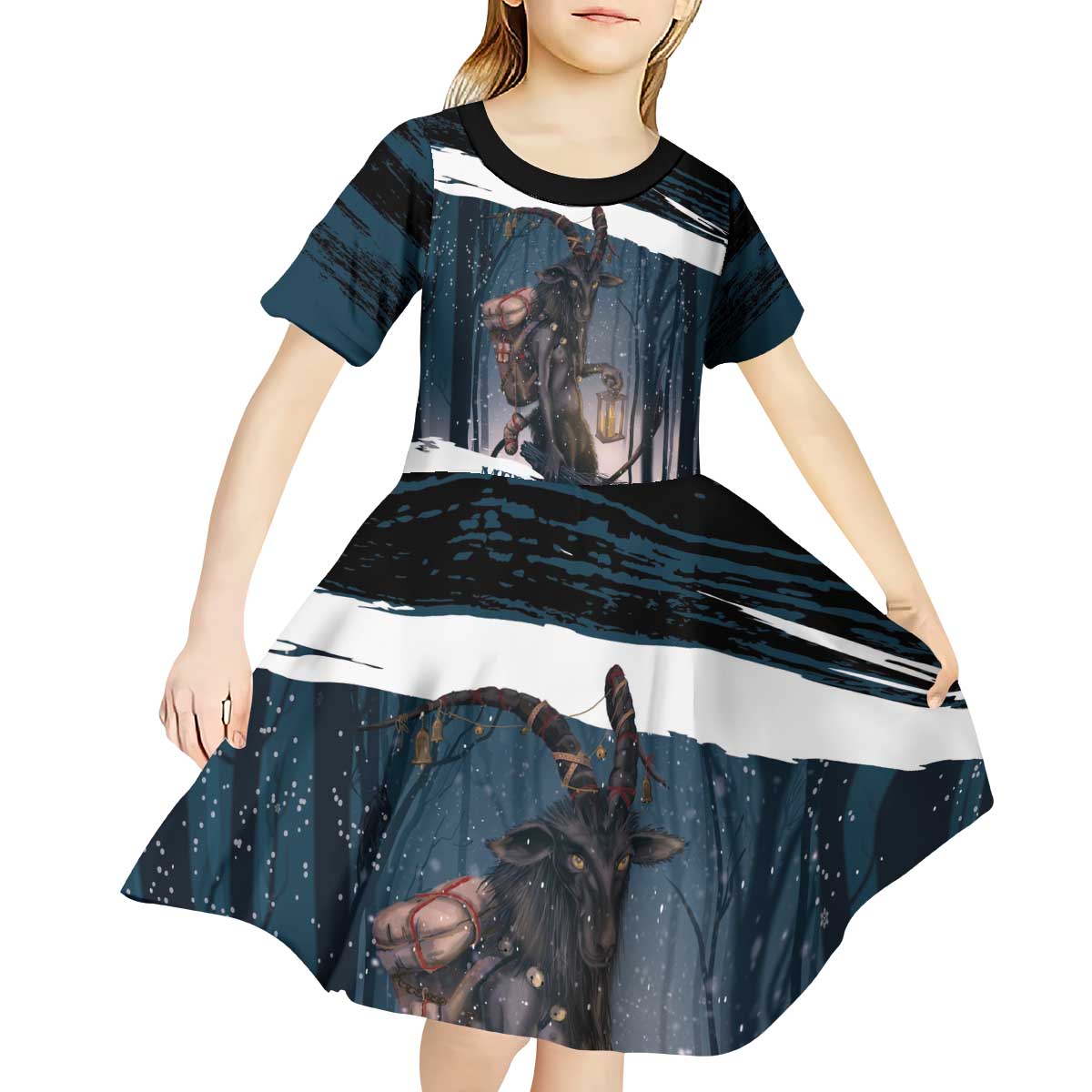 Merry Christmas Kid Short Sleeve Dress Krampus in The Woods - Dark Teal - Wonder Print Shop