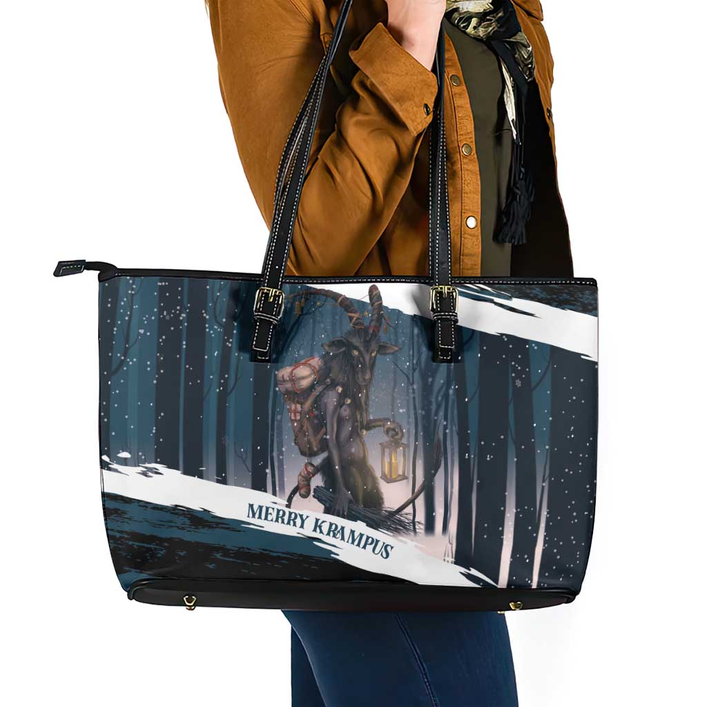 Merry Christmas Leather Tote Bag Krampus in The Woods - Dark Teal - Wonder Print Shop