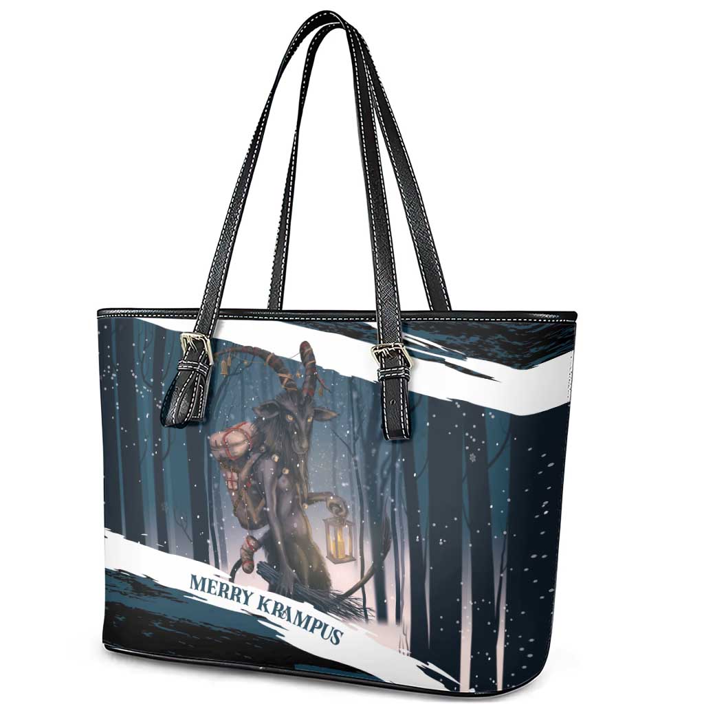 Merry Christmas Leather Tote Bag Krampus in The Woods - Dark Teal - Wonder Print Shop