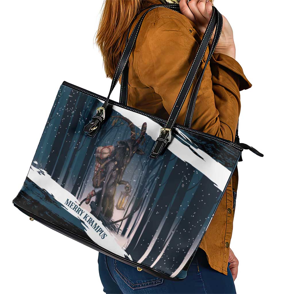 Merry Christmas Leather Tote Bag Krampus in The Woods - Dark Teal - Wonder Print Shop