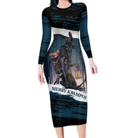 Merry Christmas Long Sleeve Bodycon Dress Krampus in The Woods - Dark Teal - Wonder Print Shop