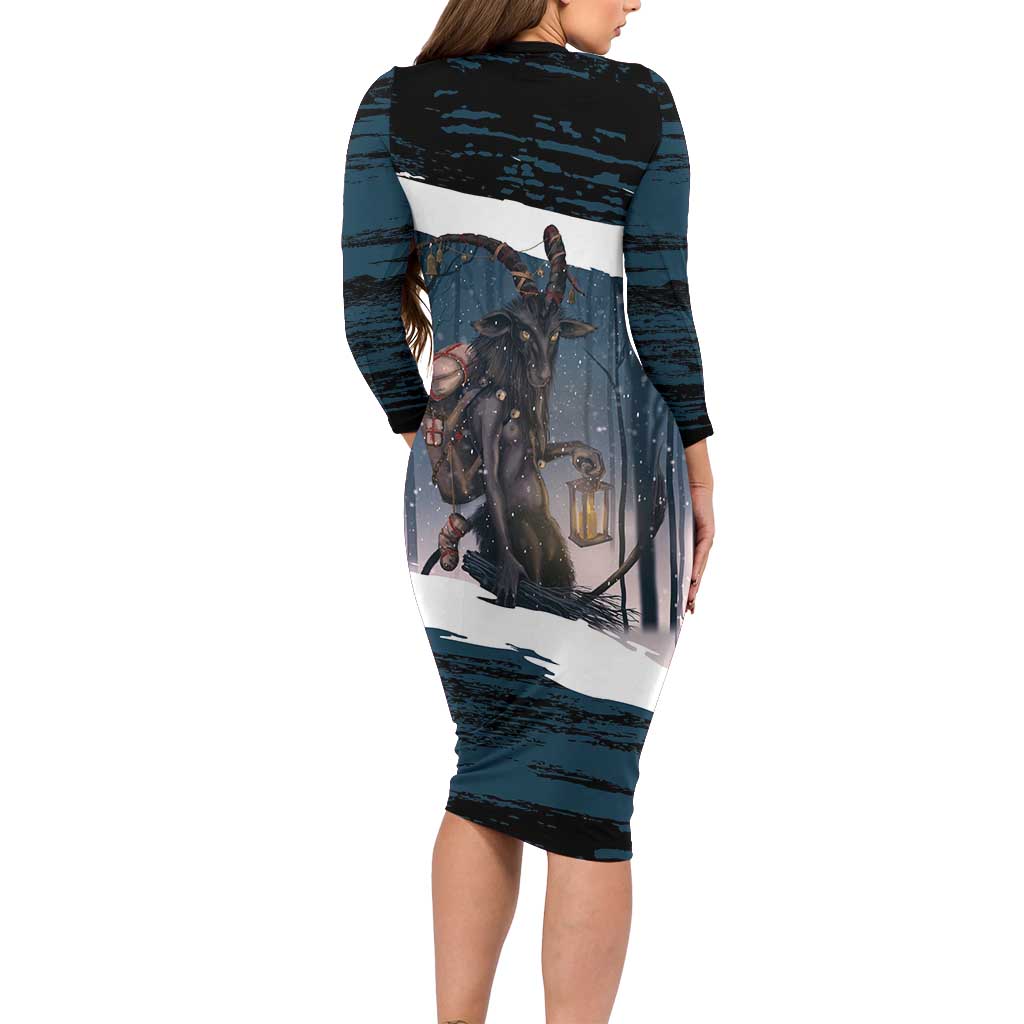 Merry Christmas Long Sleeve Bodycon Dress Krampus in The Woods - Dark Teal - Wonder Print Shop
