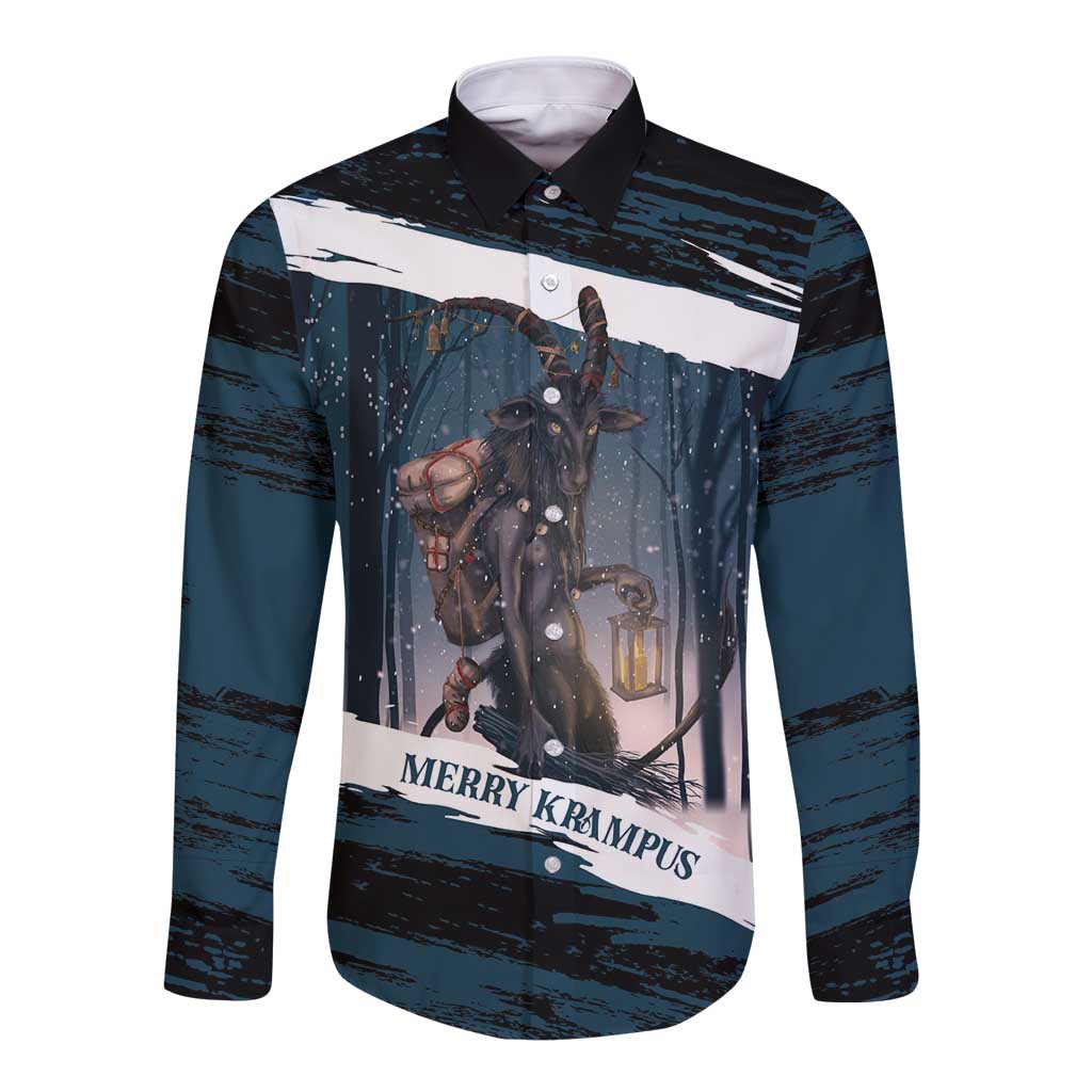 Merry Christmas Long Sleeve Button Shirt Krampus in The Woods - Dark Teal - Wonder Print Shop