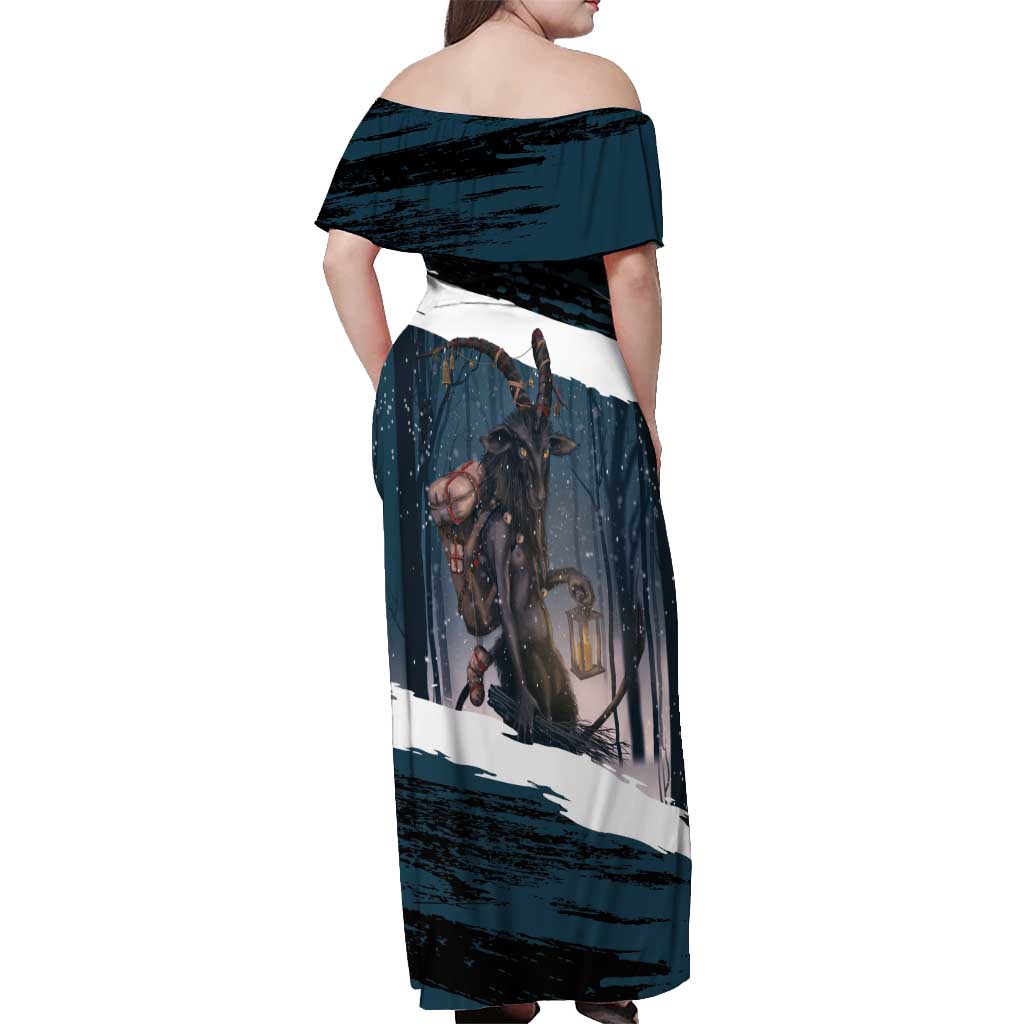 Merry Christmas Off Shoulder Maxi Dress Krampus in The Woods - Dark Teal - Wonder Print Shop