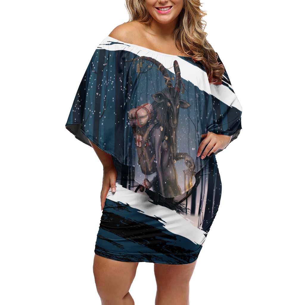 Merry Christmas Off Shoulder Short Dress Krampus in The Woods - Dark Teal - Wonder Print Shop