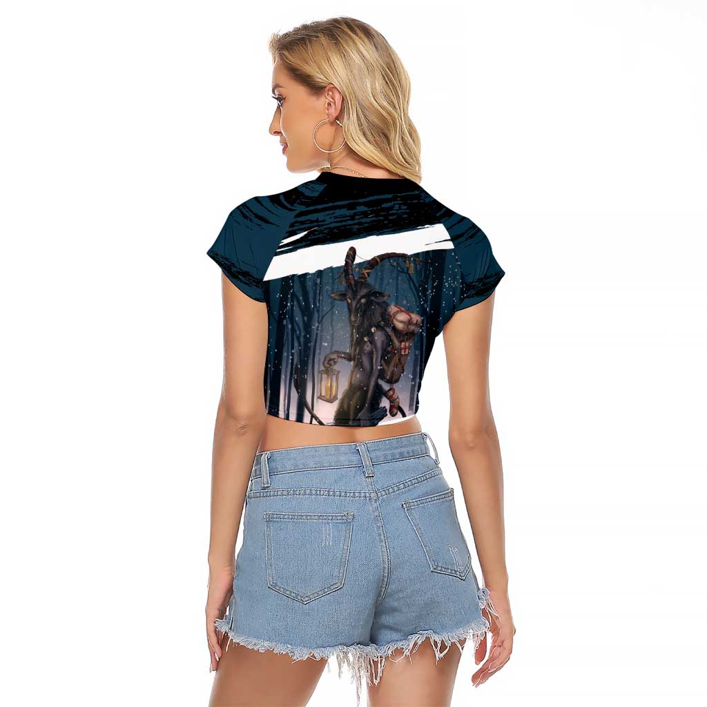 Merry Christmas Raglan Cropped T Shirt Krampus in The Woods - Dark Teal - Wonder Print Shop