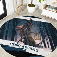 Merry Christmas Round Carpet Krampus in The Woods - Dark Teal