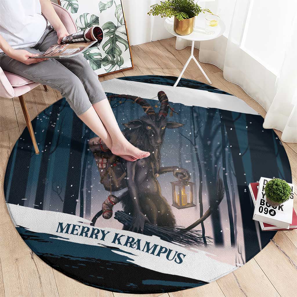 Merry Christmas Round Carpet Krampus in The Woods - Dark Teal