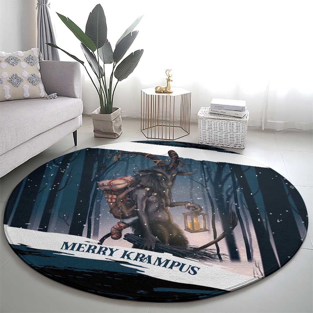 Merry Christmas Round Carpet Krampus in The Woods - Dark Teal