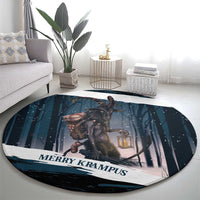 Merry Christmas Round Carpet Krampus in The Woods - Dark Teal
