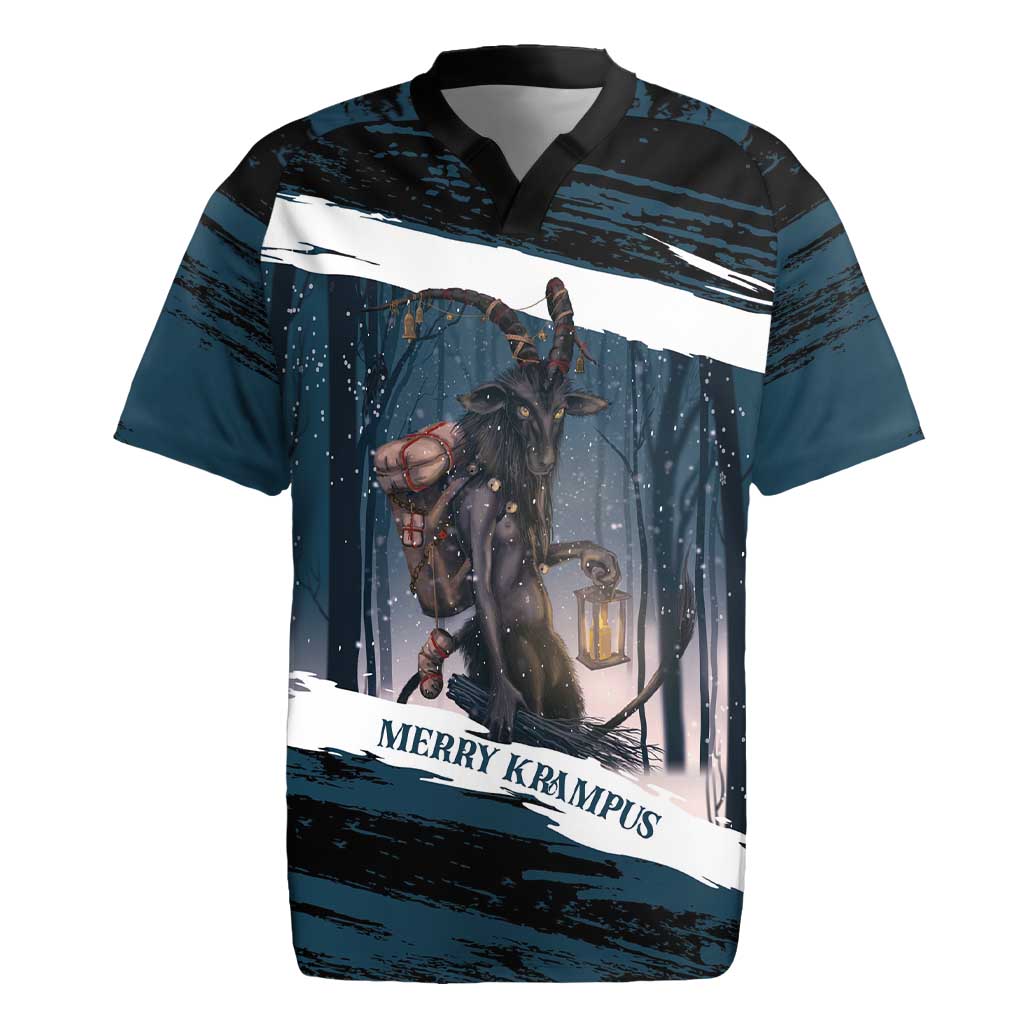 Merry Christmas Rugby Jersey Krampus in The Woods - Dark Teal - Wonder Print Shop