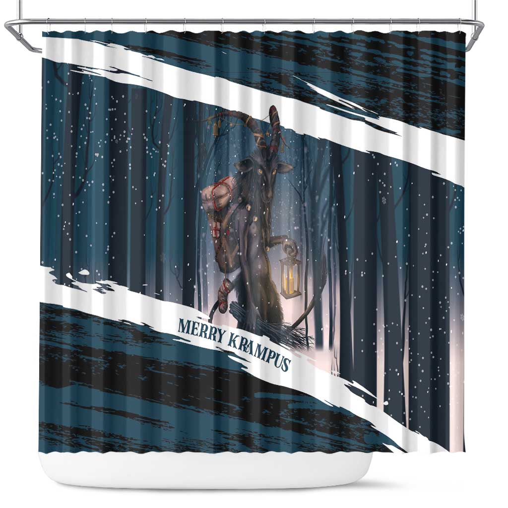Merry Christmas Shower Curtain Krampus in The Woods - Dark Teal