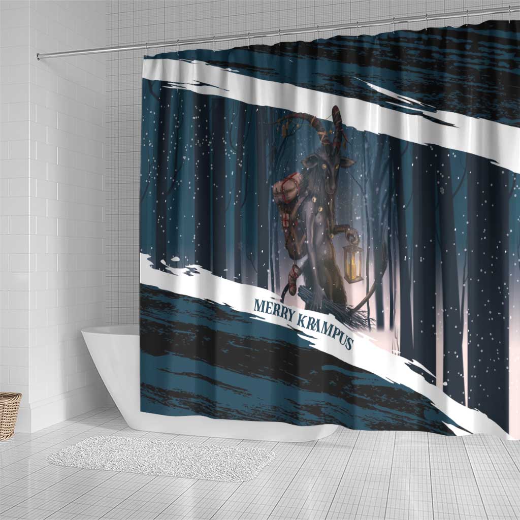 Merry Christmas Shower Curtain Krampus in The Woods - Dark Teal