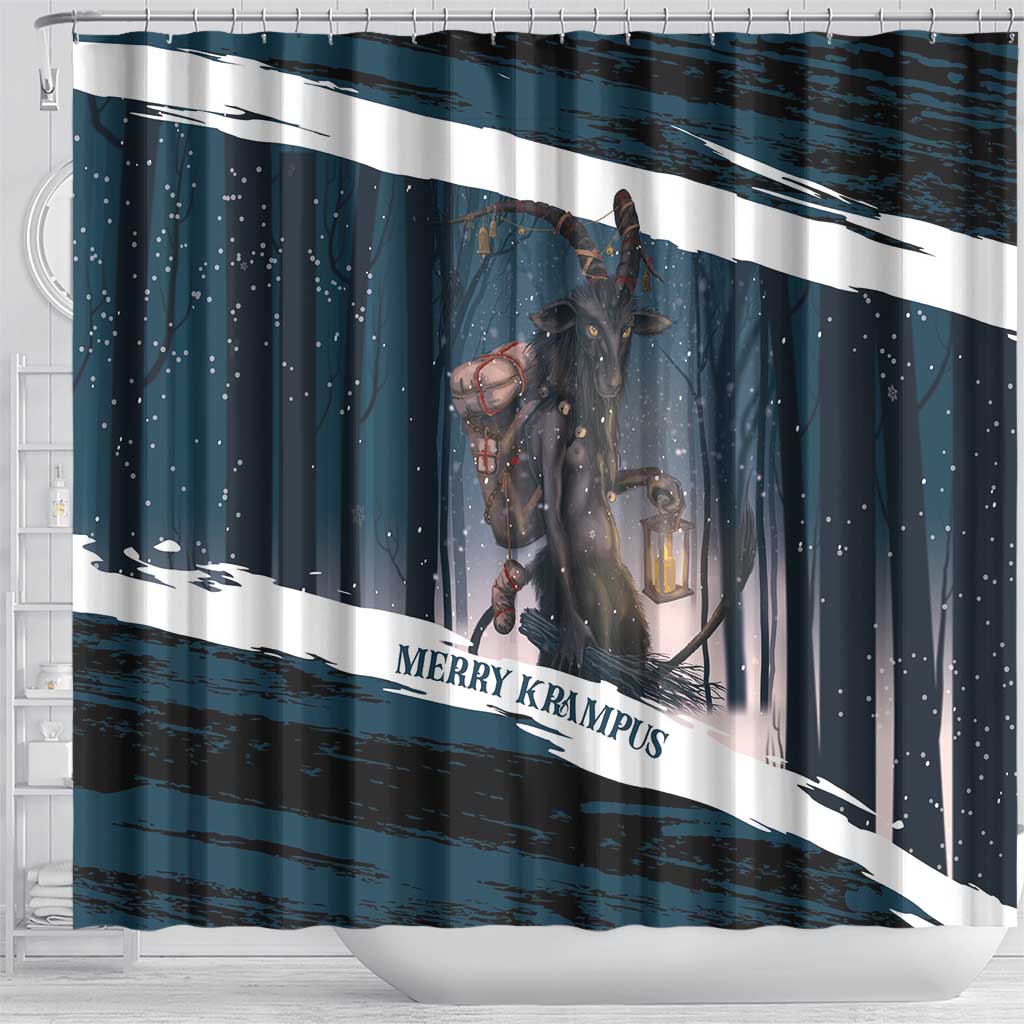 Merry Christmas Shower Curtain Krampus in The Woods - Dark Teal