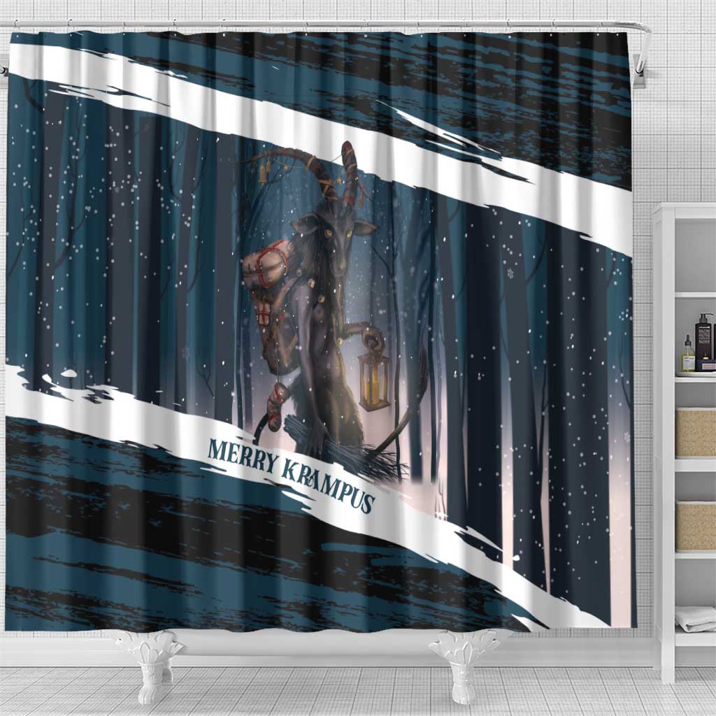 Merry Christmas Shower Curtain Krampus in The Woods - Dark Teal