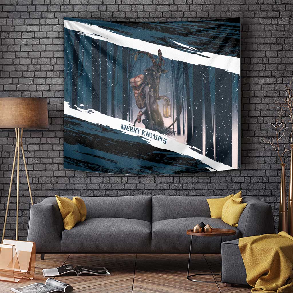 Merry Christmas Tapestry Krampus in The Woods - Dark Teal - Wonder Print Shop