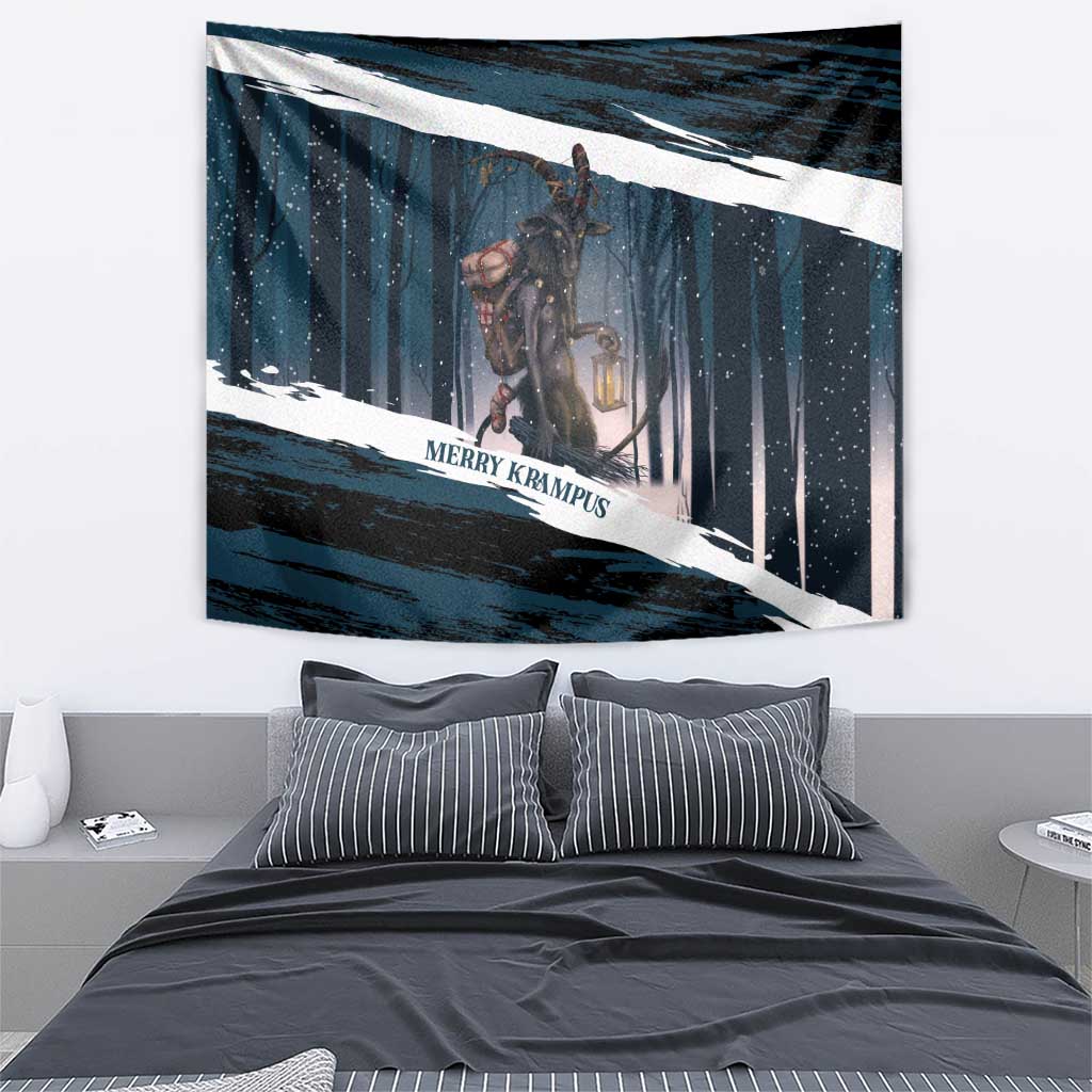 Merry Christmas Tapestry Krampus in The Woods - Dark Teal - Wonder Print Shop