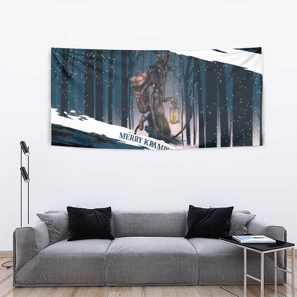 Merry Christmas Tapestry Krampus in The Woods - Dark Teal - Wonder Print Shop