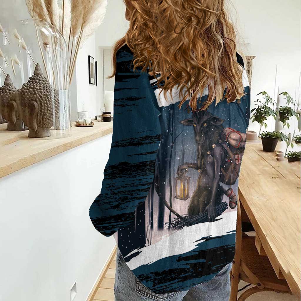 Merry Christmas Women Casual Shirt Krampus in The Woods - Dark Teal - Wonder Print Shop