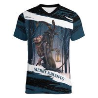 Merry Christmas Women V-Neck T-Shirt Krampus in The Woods - Dark Teal - Wonder Print Shop