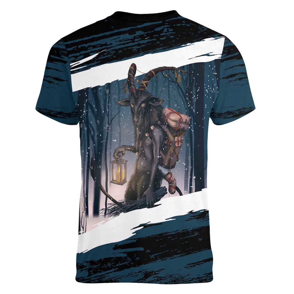 Merry Christmas Women V-Neck T-Shirt Krampus in The Woods - Dark Teal - Wonder Print Shop
