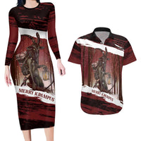 Merry Christmas Couples Matching Long Sleeve Bodycon Dress and Hawaiian Shirt Krampus in The Woods - Red LT7 - Wonder Print Shop