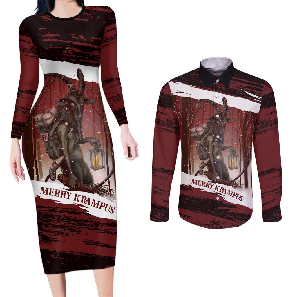 Merry Christmas Couples Matching Long Sleeve Bodycon Dress and Long Sleeve Button Shirt Krampus in The Woods - Red LT7 - Wonder Print Shop