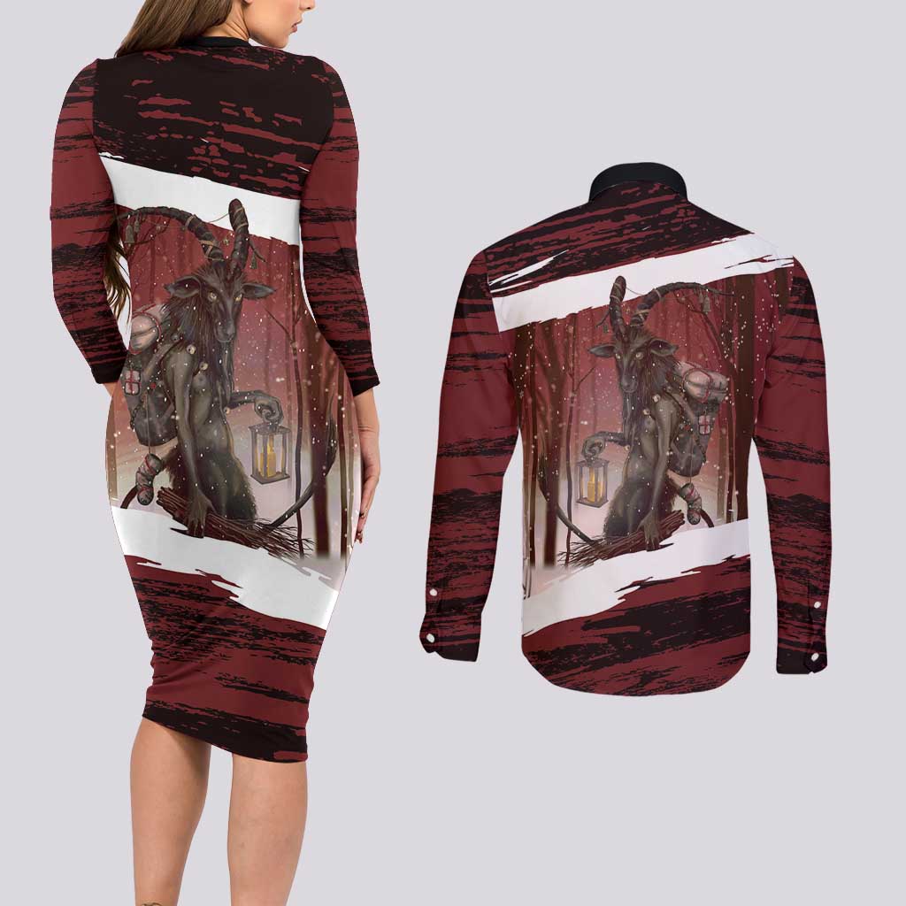 Merry Christmas Couples Matching Long Sleeve Bodycon Dress and Long Sleeve Button Shirt Krampus in The Woods - Red LT7 - Wonder Print Shop