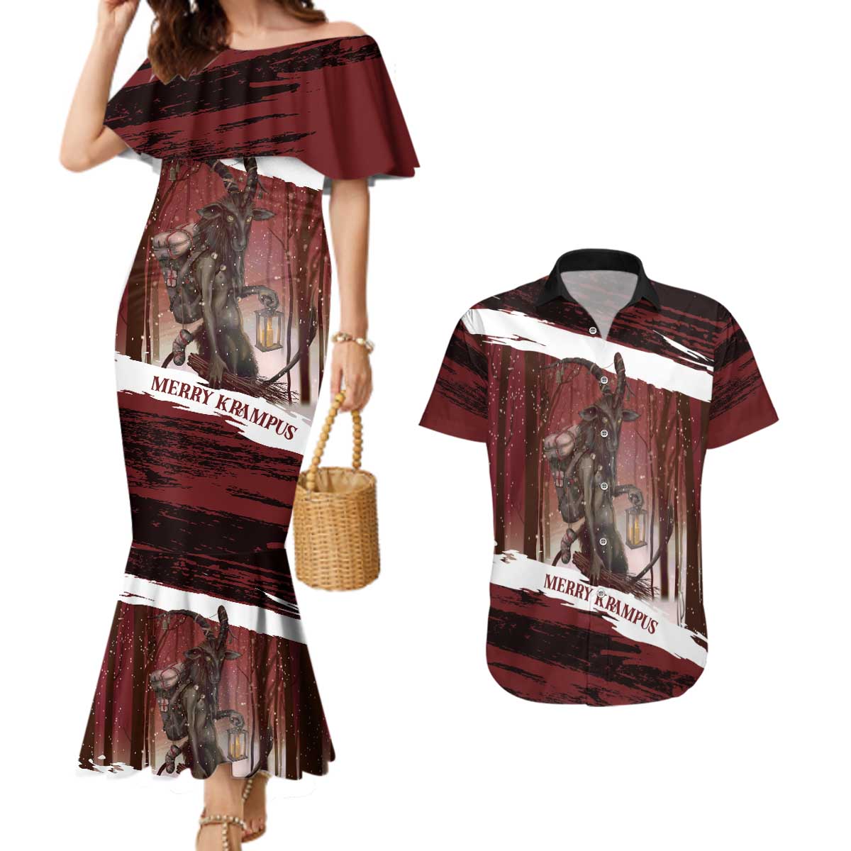 Merry Christmas Couples Matching Mermaid Dress and Hawaiian Shirt Krampus in The Woods - Red LT7 - Wonder Print Shop