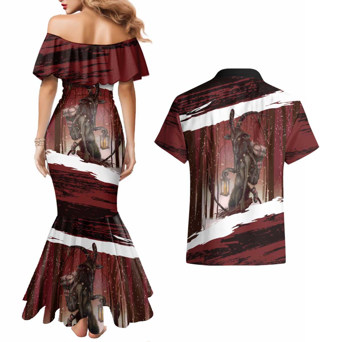 Merry Christmas Couples Matching Mermaid Dress and Hawaiian Shirt Krampus in The Woods - Red LT7 - Wonder Print Shop