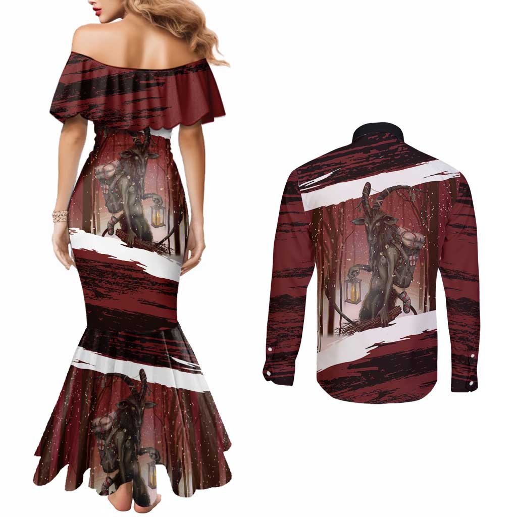 Merry Christmas Couples Matching Mermaid Dress and Long Sleeve Button Shirt Krampus in The Woods - Red