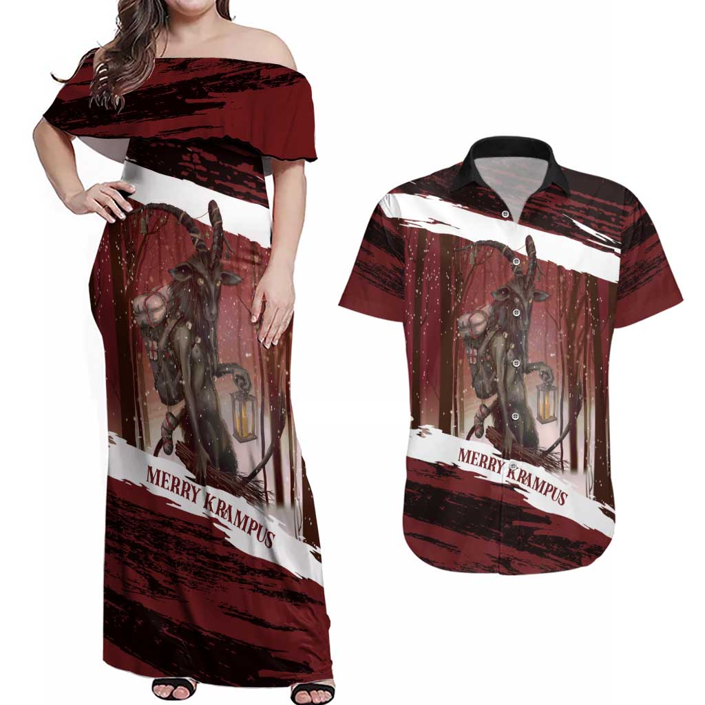 Merry Christmas Couples Matching Off Shoulder Maxi Dress and Hawaiian Shirt Krampus in The Woods - Red LT7 - Wonder Print Shop