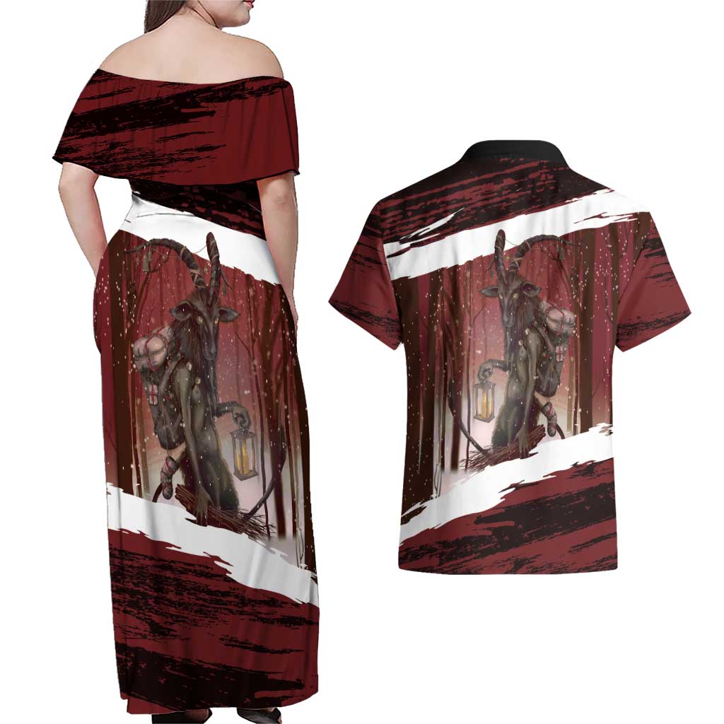 Merry Christmas Couples Matching Off Shoulder Maxi Dress and Hawaiian Shirt Krampus in The Woods - Red LT7 - Wonder Print Shop