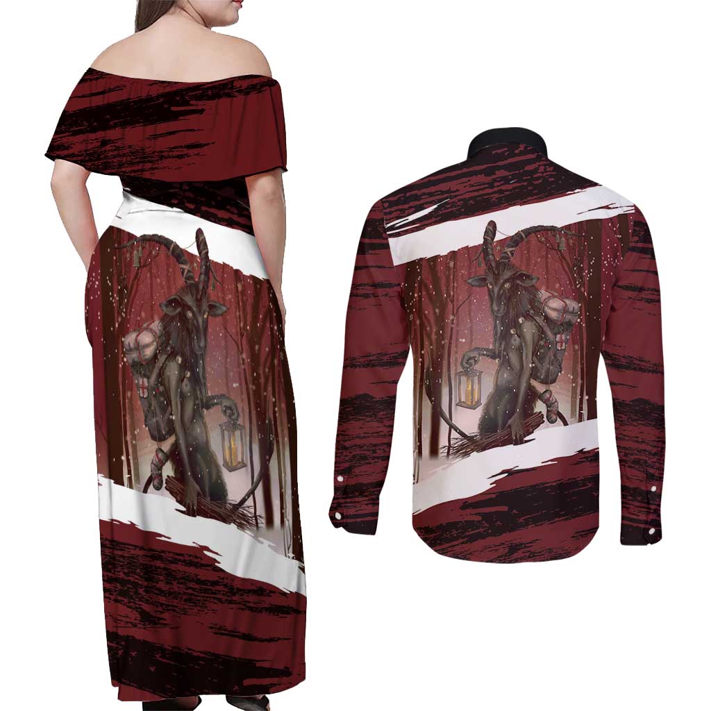 Merry Christmas Couples Matching Off Shoulder Maxi Dress and Long Sleeve Button Shirt Krampus in The Woods - Red LT7 - Wonder Print Shop