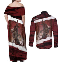 Merry Christmas Couples Matching Off Shoulder Maxi Dress and Long Sleeve Button Shirt Krampus in The Woods - Red LT7 - Wonder Print Shop
