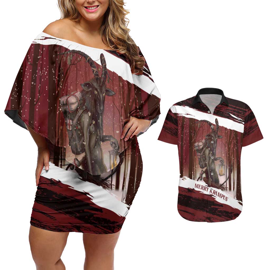 Merry Christmas Couples Matching Off Shoulder Short Dress and Hawaiian Shirt Krampus in The Woods - Red LT7 - Wonder Print Shop