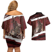 Merry Christmas Couples Matching Off Shoulder Short Dress and Hawaiian Shirt Krampus in The Woods - Red LT7 - Wonder Print Shop