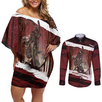 Merry Christmas Couples Matching Off Shoulder Short Dress and Long Sleeve Button Shirt Krampus in The Woods - Red LT7 - Wonder Print Shop
