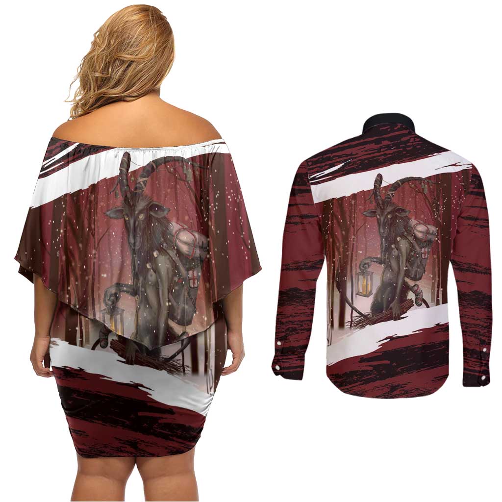Merry Christmas Couples Matching Off Shoulder Short Dress and Long Sleeve Button Shirt Krampus in The Woods - Red LT7 - Wonder Print Shop