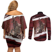 Merry Christmas Couples Matching Off Shoulder Short Dress and Long Sleeve Button Shirt Krampus in The Woods - Red LT7 - Wonder Print Shop