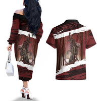 Merry Christmas Couples Matching Off The Shoulder Long Sleeve Dress and Hawaiian Shirt Krampus in The Woods - Red LT7 - Wonder Print Shop